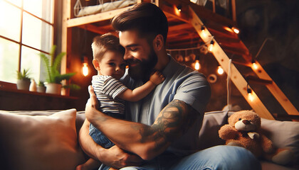 A cozy family evening by the fireplace, with a couple and their child happily watching TV together, enjoying each other's company and a warm atmosphere
