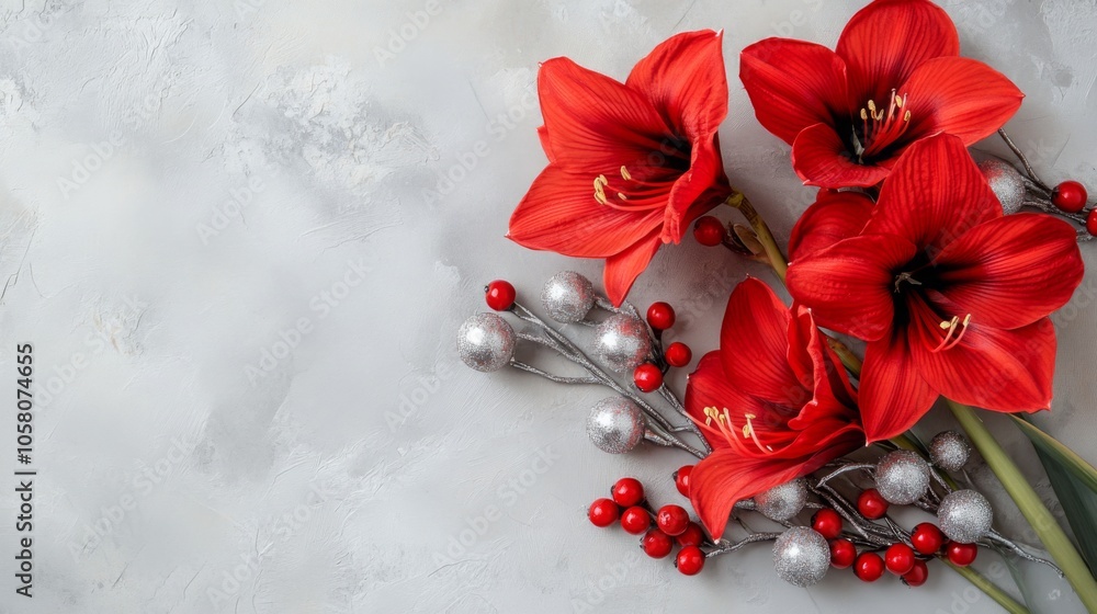 Poster a beautiful arrangement of bright red amaryllis with silver and red accents rests on a smooth gray s