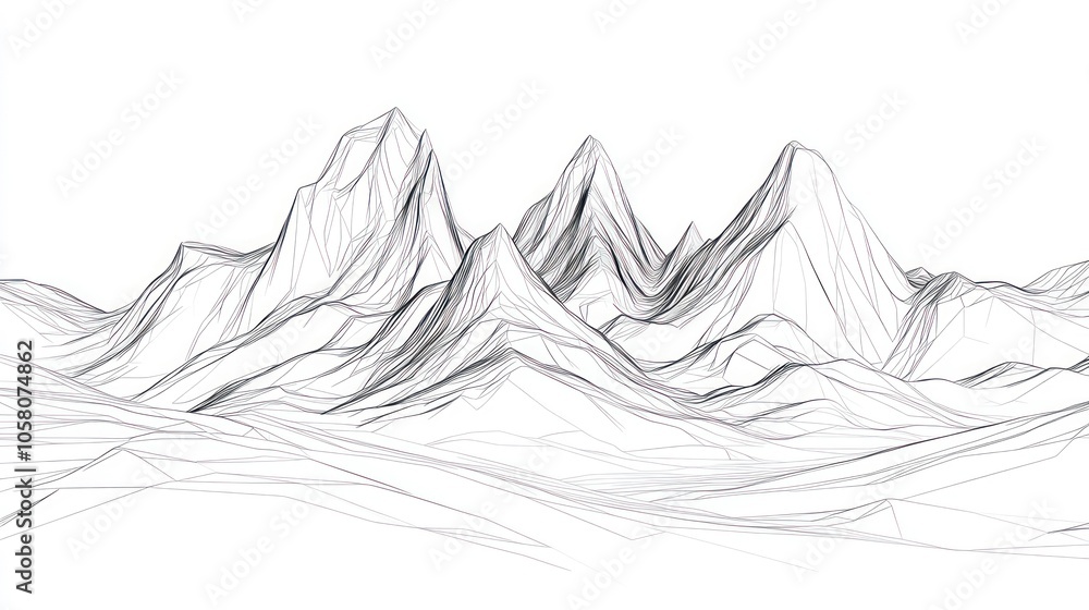 Poster abstract line art drawing of a mountain range with a minimalist style, isolated on a white backgroun