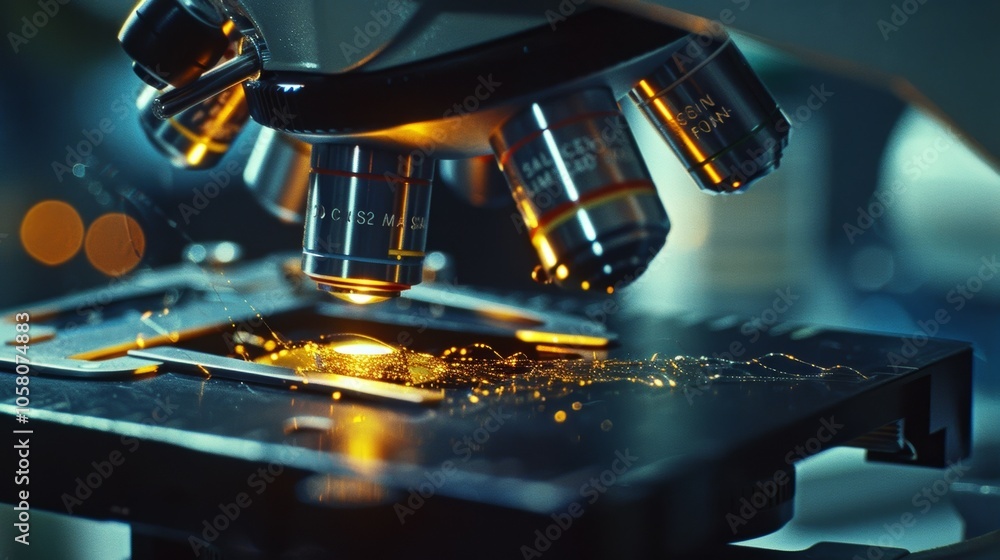 Poster close up shot of a microscope illuminating a sample with a bright light in a dark laboratory setting