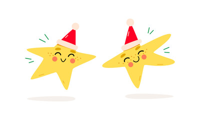 Two golden five-pointed stars with eyes and smile in red caps with Santa Claus pompom dancing. Cute children's Christmas vector illustration for social networks, print, couple in love.