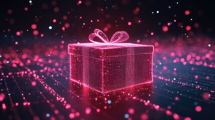 A glowing pink gift box with a bow on top, surrounded by sparkling lights.