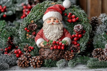 Traditional Santa figurine framed by a wreath of pinecones and berries evoking a classic Christmas scene with rich textures and festive colors against a rustic background