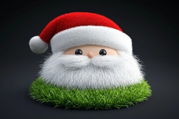 Santa head decoration nestled on grass with a fluffy white beard and red hat creating a humorous and whimsical holiday display with a touch of nature