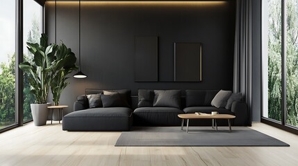 Cozy Modern Living Room with Neutral Tones, Stylish Decor, and Elegant Architecture- generative ai