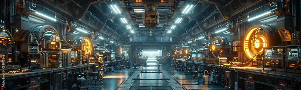 Poster a futuristic, high-tech environment with illuminated machinery and sleek lines, creating a captivati