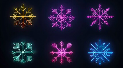 Six neon snowflakes in different colors on a black background.