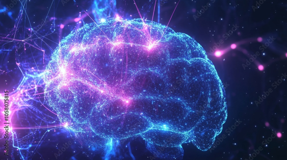 Leinwandbilder a digital rendering of a brain with a blue and pink color scheme. the brain is surrounded by glowing