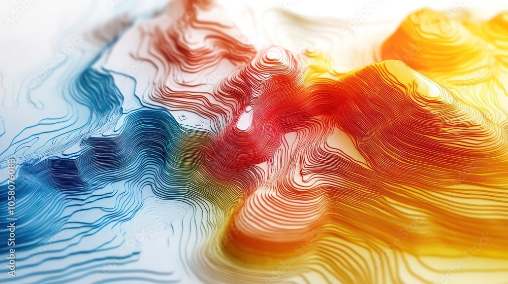 Poster abstract 3d rendering of colorful lines forming a mountainous landscape with white background.