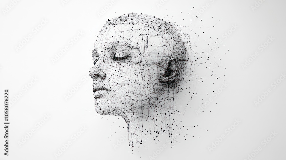 Poster a digital portrait of a human face made up of small dots dissolving into the background.