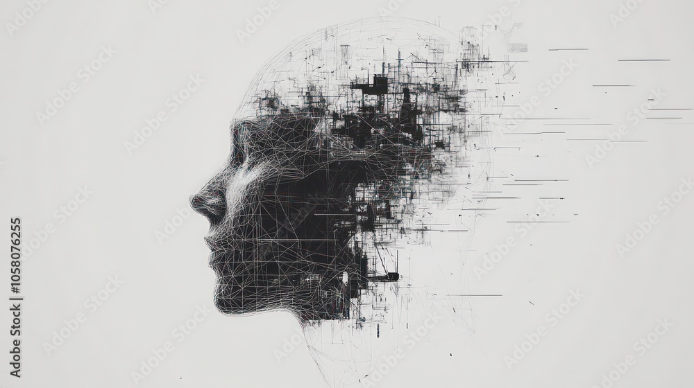 Poster abstract digital art depicting a human head with a distorted face, composed of intricate lines and p
