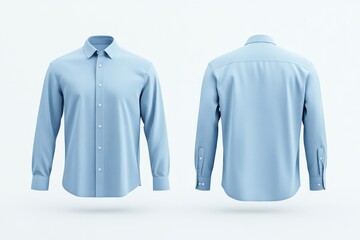 Blue classic long-sleeve button-up shirt, front and back view, isolated