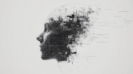 Abstract digital art depicting a human head with a distorted face, composed of intricate lines and patterns, suggesting a mind in transition or overwhelmed by information.
