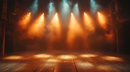 Naklejka premium Mysterious theater stage bathed in smoky ambiance and warm lighting illustration
