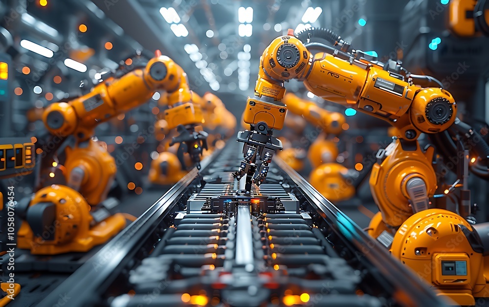 Poster a futuristic assembly line featuring advanced robotic arms working together to automate manufacturin