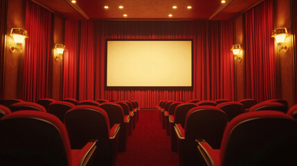 luxurious cinema interior featuring red velvet seating and blank projection screen, creating inviting atmosphere for movie lovers