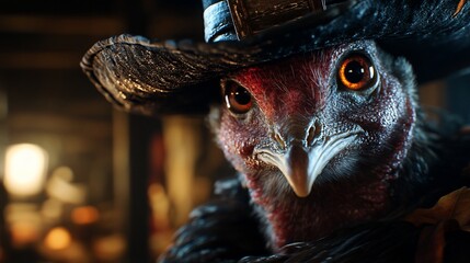 A turkey wearing a black hat with a serious expression.