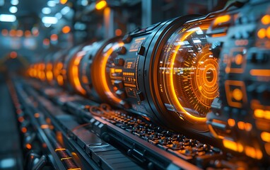 A futuristic control panel features illuminated, cylindrical components arranged in a sleek, high-tech environment with vibrant orange accents.