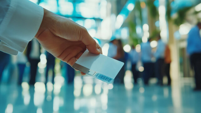 close up of hand holding employee access badge in busy office environment, showcasing importance of security and identification