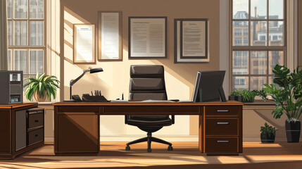 modern office interior featuring wooden desk, ergonomic chair, and plants. Sunlight streams through large windows, creating warm atmosphere