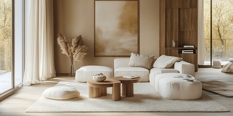 Cozy Modern Living Room with Neutral Tones, Stylish Decor, and Elegant Architecture- generative ai