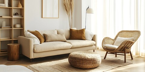 Cozy Modern Living Room with Neutral Tones, Stylish Decor, and Elegant Architecture- generative ai
