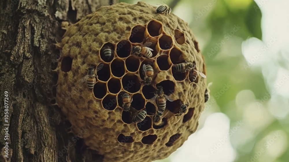 Aufkleber a large honeycomb with a group of bees around it, hanging from a tree trunk.