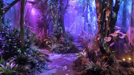 Fototapeta premium Dirt path is winding through a magical forest glowing with purple and blue lights at night. The lush foliage includes ferns and flowers