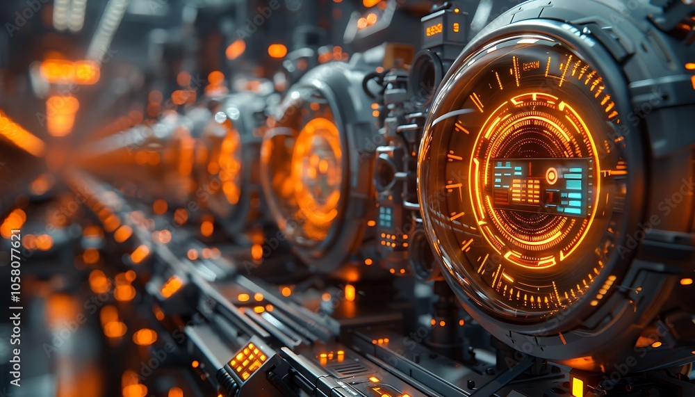 Poster a futuristic technology scene featuring intricate devices with glowing orange accents, showcasing ad