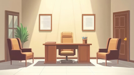 Fototapeta premium modern office scene featuring wooden desk, two chairs, and plant. bright lighting creates welcoming atmosphere, ideal for job interview or meeting