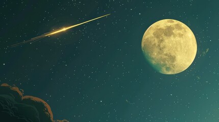 Naklejka premium A large bright moon glowed in the night sky. Astronomical objects orbiting the planet Earth. It is the world's only permanent natural satellite.