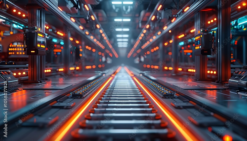 Aufkleber a futuristic corridor with illuminated rail tracks, flanked by high-tech machinery and vibrant light