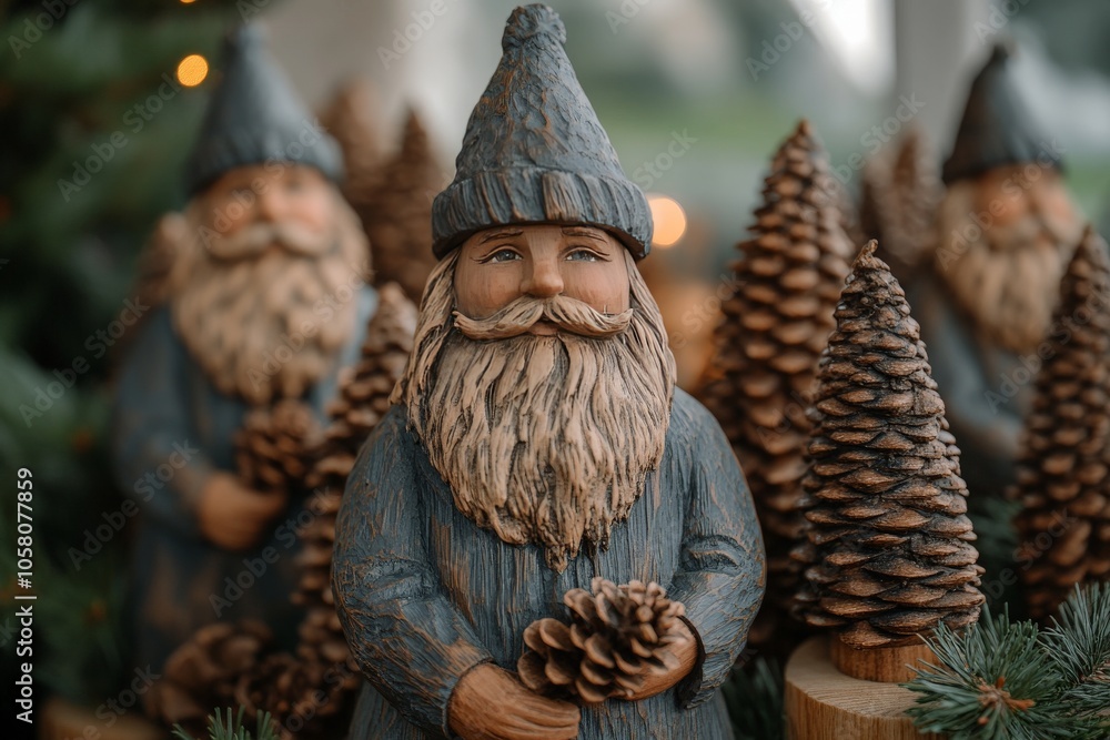 Poster rustic gnome figurines with beards and pointy hats surrounded by pine cones adding a touch of whimsy