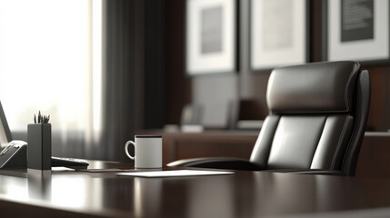 modern office setup featuring empty desk, ergonomic chair, and coffee mug, creating welcoming atmosphere for new hires