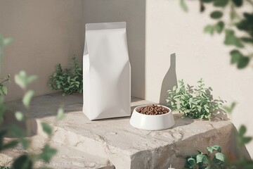 Outdoor Dog Food Packaging Mockup with Bowl on Stone Surface.	
