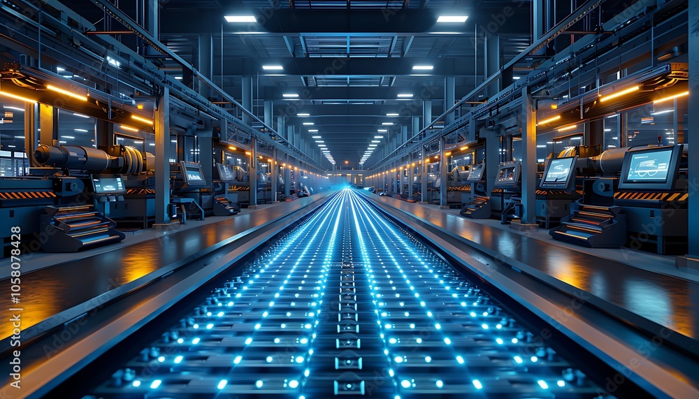 Aufkleber a futuristic industrial scene showcasing a sleek, illuminated production line with advanced robotic 