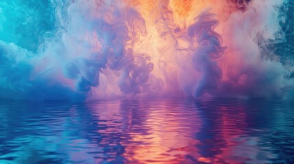 Fototapeta premium Multicolored vapor floats over a calm reflective surface in an illuminated environment.