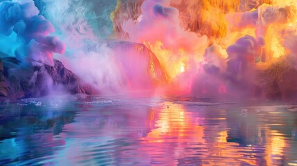 Fototapeta premium Multicolored vapor floats over a calm reflective surface in an illuminated environment.