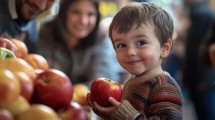Fototapeta premium Healthy choices for children: little one picking fresh apple over sweet treat in family market setting