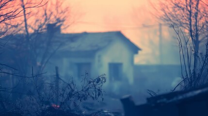Fototapeta premium A hazy and ethereal landscape with a house in the distance, shrouded in a soft, blue-hued mist.