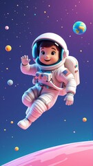Cheerful cartoon astronaut floating in colorful outer space
