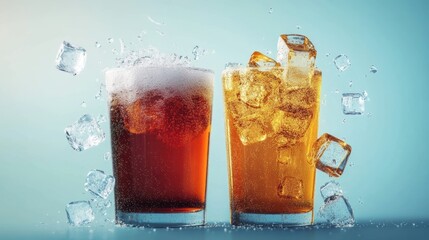 Comparison of regular sugary soft drinks with ice cubes and refreshing bubbles