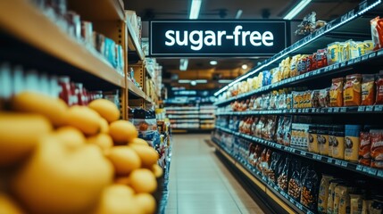 Sugar-free product display in grocery aisle for health-conscious shoppers