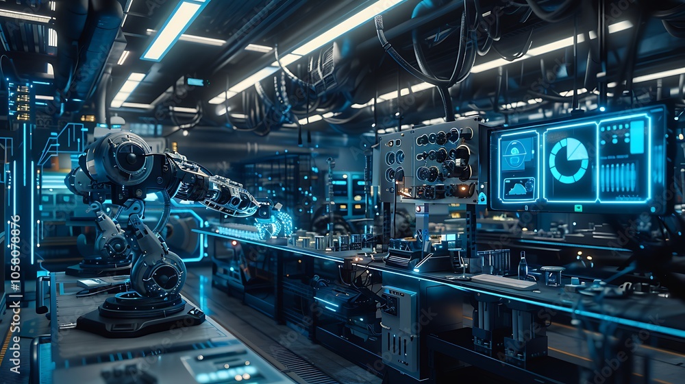 Poster a futuristic robotic arm operates in a high-tech lab filled with glowing screens and advanced machin