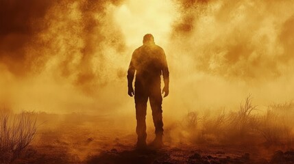 A man stands alone in a hazy, yellow landscape, his silhouette outlined against the ominous sky.
