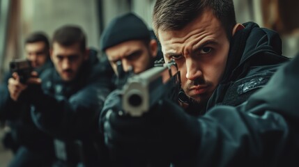 Fototapeta premium Police officers in intense action scene demonstrating law enforcement and teamwork