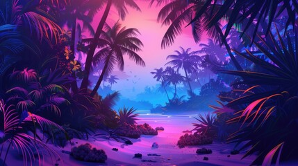 Illustration concept of tropical background in neon lights in retro style.