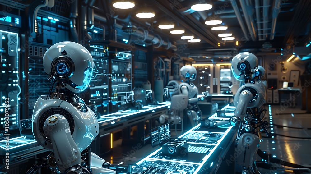 Aufkleber A futuristic scene featuring humanoid robots in a high-tech laboratory, illuminated by blue lights, engaged in advanced technology tasks.