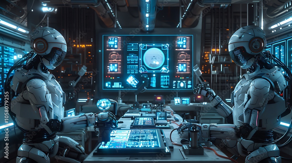 Poster two humanoid robots interact with advanced technology in a high-tech control room filled with glowin