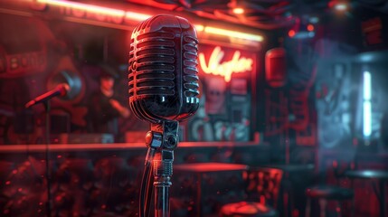 Retro microphone on singing stage background